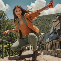 woman crouches on railing while holding beer in her hand