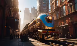 a train that is sitting in the middle of a street,the large blue train travels down the tracks through a city