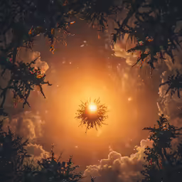 sun setting through a tree with some clouds