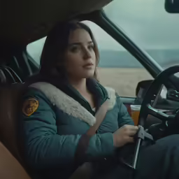 the woman is driving a car and holding the steering wheel