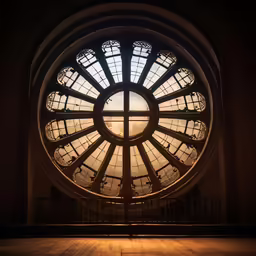 an old fashioned window at the top of a church