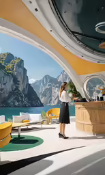 the girl stands at the counter of a yacht