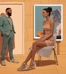 a young lady sitting on a chair next to a man with an orange drink,man in suit sitting next to woman in orange dress on white chair