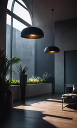 modern living room in concrete with potted plants and windows
