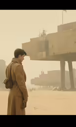 a person in a trench coat standing in front of some cranes