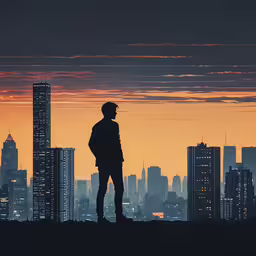 a man looking at the city while standing,silhouette of man standing on top of a hill looking at a city at dusk