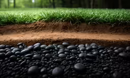 the ground and the grass are covered in black pebbles