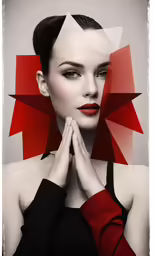 a woman with red and black accents covering her face and hands