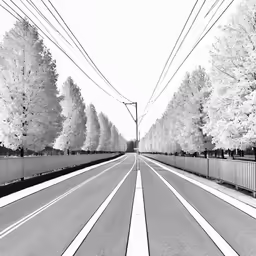 a black and white photo of a street, lined with power lines