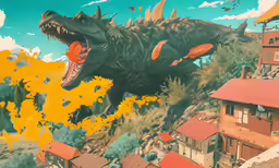 an art work of a dinosaur above a mountain town