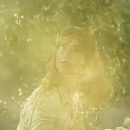 a woman looking up through a window with bubbles on it