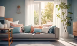 a sofa is shown with pillows on the armrests and behind a window