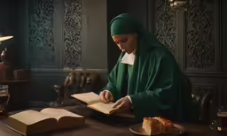 a nun reading a bible in front of bread