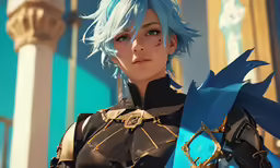 an image of a woman with blue hair holding a big knife
