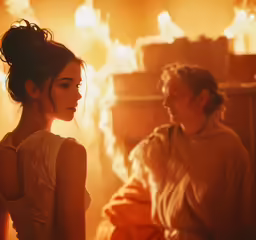 a woman standing next to another woman with flames in the background