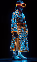 a mannequin wearing a fancy jacket, boots, and neon light bulbs