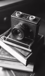 the black and white photo shows the lens on top of books