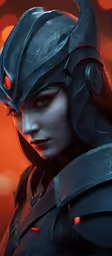 a woman wearing a helmet with horns and red eyes