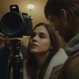 a young man holding a camera next to a woman