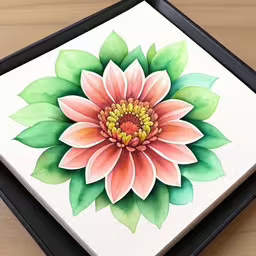 a painting that is sitting on top of a table,this is a watercolor painting in a frame with floral artwork,a watercolor painting of a pink flower on white paper,a flower is drawn on the white canvas,a drawing of a flower in a black frame