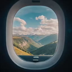 view from an airplane window looking over mountain scenery