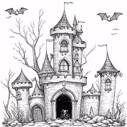 a black and white drawing of a castle with bats flying over it