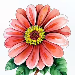 a drawing of an open - faced pink flower,an artful watercolor painting of a large flower,a watercolor flower sitting on top of a white table,this is an image of a painted flower,a painting with some colored lines of flowers