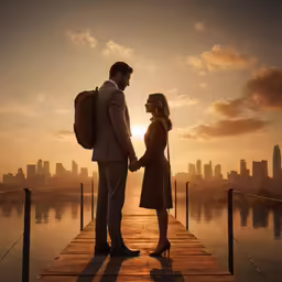man and woman holding hands at sunrise on a dock
