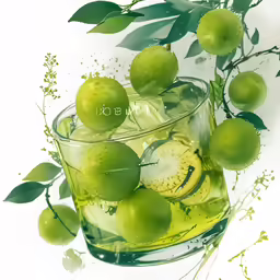green fruits sit in a clear glass of juice