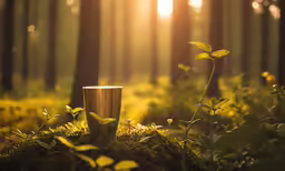 a cup is sitting in the middle of a forest