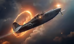 a war plane flying in the sky, with a circle of smoke coming out