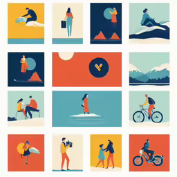 four posters with different people, mountains and snow
