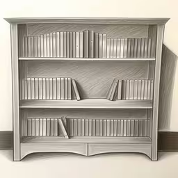 a drawing of a bookshelf with white and gray books,pencil drawing of bookshelf with white backdrop,drawing of a gray bookcase with two books,this drawing shows an architectural rendering of the bookshelf,a drawing of a book shelf with books
