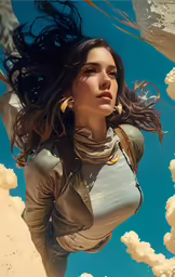 a woman is looking up while standing under clouds