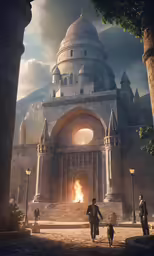 the artwork for nir o is a medieval courtyard, with people holding hands