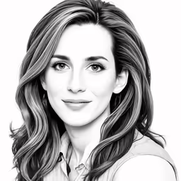 the face of a woman with wavy hair, in a dress shirt and long wavy curls