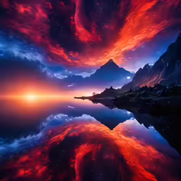 colorful clouds and mountains reflected in water at night