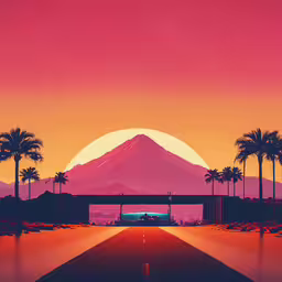 a view of the sunset with palm trees and a bridge in the foreground,a very large red sunset with a bridge over water