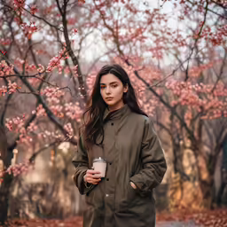 a young woman is posing in front of cherry blossom trees