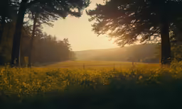 a view of a wooded field with the sun setting