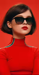a woman wearing sunglasses and red top