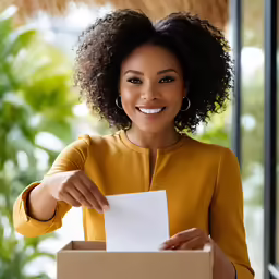 an african woman holding a letter and smiling