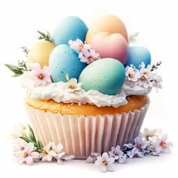 an easter cupcake is adorned with eggs, flowers and leaves