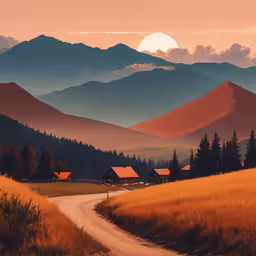 a mountain village is near the mountains, with trees and grass in the foreground,the landscape features brown grass, mountains, and houses