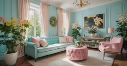 the living room features aqua walls and pink velvet furniture