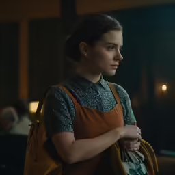 a woman in a brown apron holds a backpack