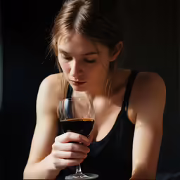 a girl drinking wine and looking down at her hand