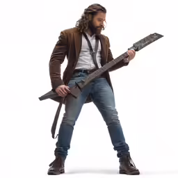 a man holding a guitar while posing for a photo