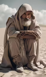 man with gray beard sitting on sand dunes