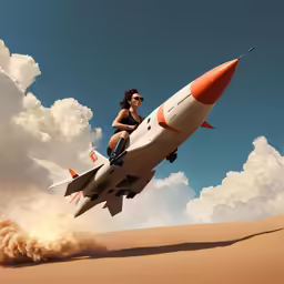 a woman riding on top of a jet rocket